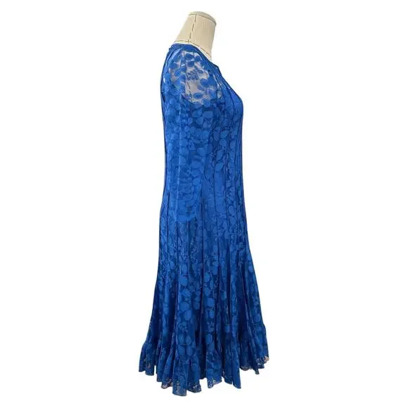 Teri Jon Rickie Freeman Blue Lace Overlay 3/4 Sleeves A-line Dress Midi  Size
